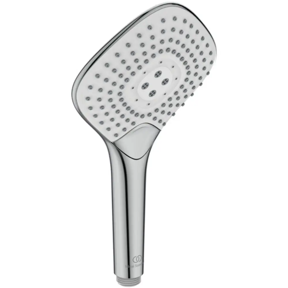 Duschekopf in chromfarbenem Design von Ideal Standard mit runder Form und mehreren Düsen für unterschiedliche Strahlfunktionen.